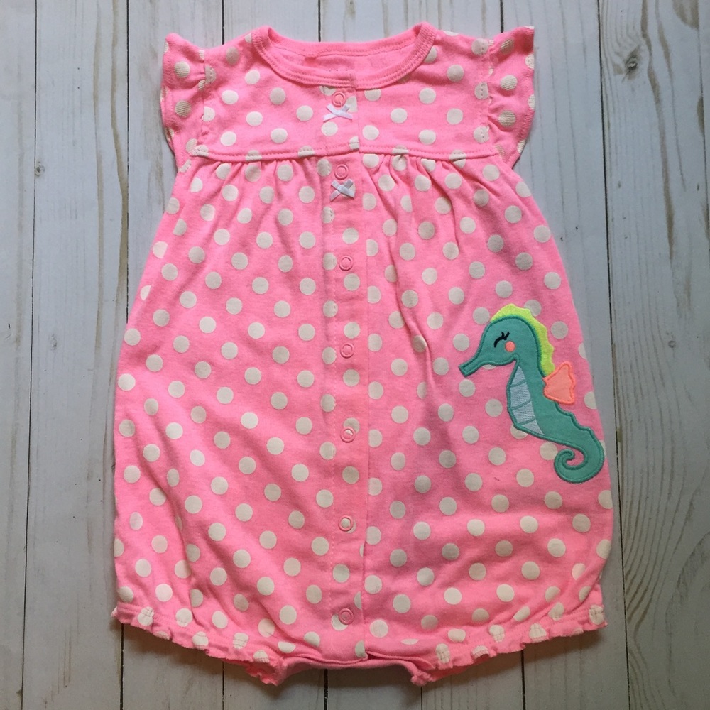 Neon Pink Polka Dot Seahorse Onesie Romper Beach